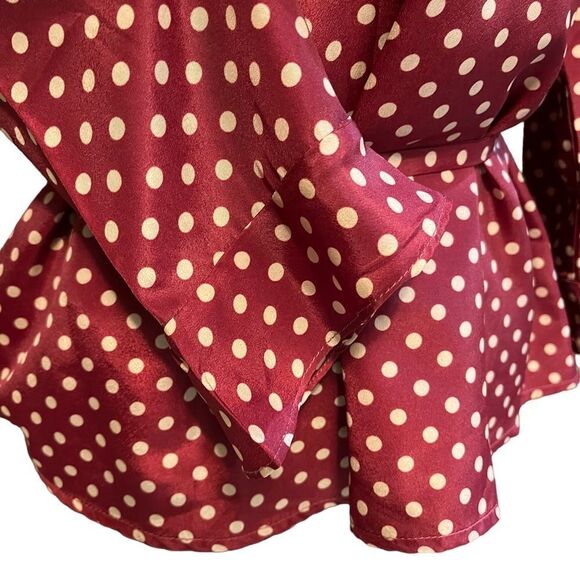 Skies Are Blue brick red and tan polka dot tie waist short length blouse size SP - Picture 7 of 14